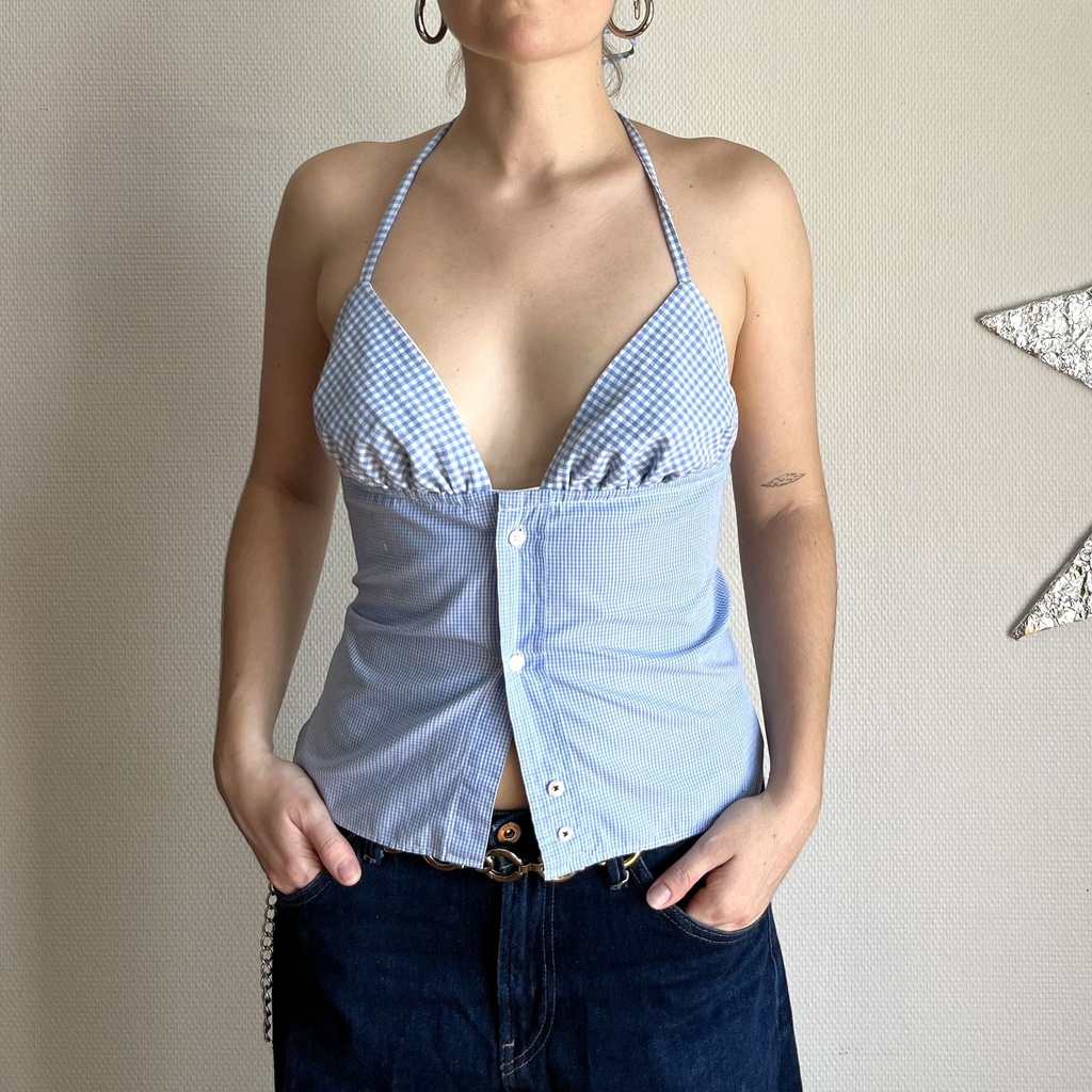 top Frankenstein - vichy bleu et blanc XS/S
