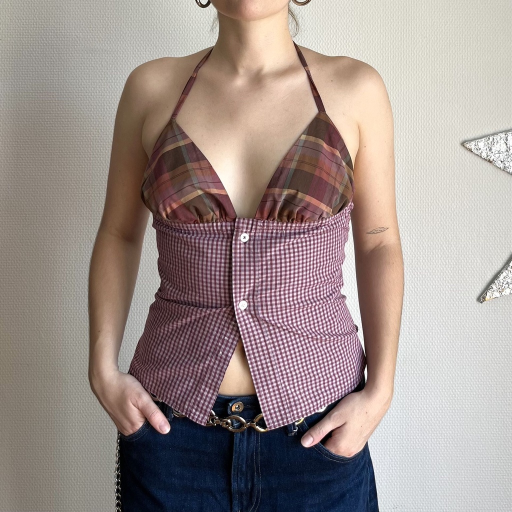 top Frankenstein - carreaux bordeaux et marrons XS/S